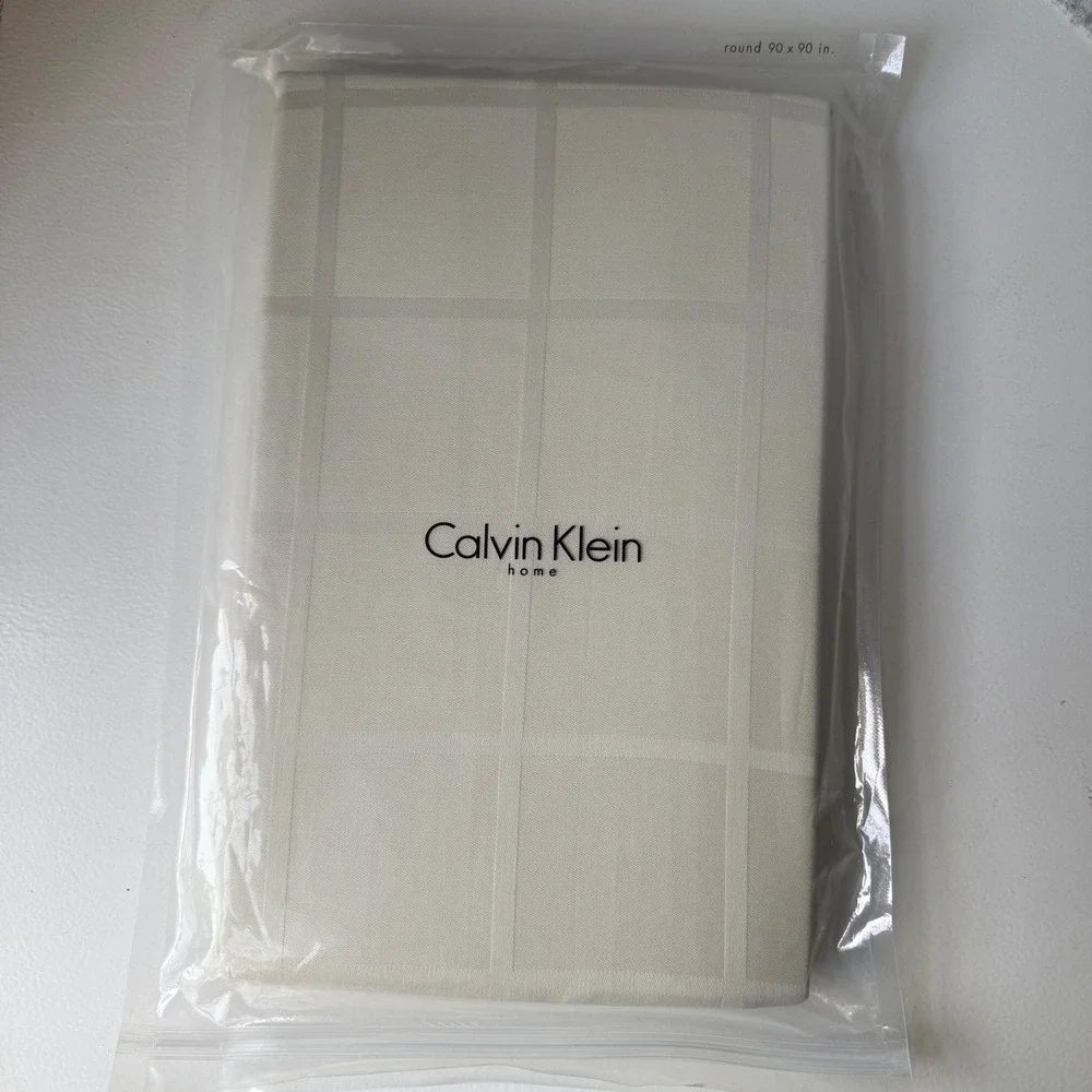 Calvin Klein Home Satin Band Round Tablecloth 90 Inch Bamboo Beige 100% Cotton